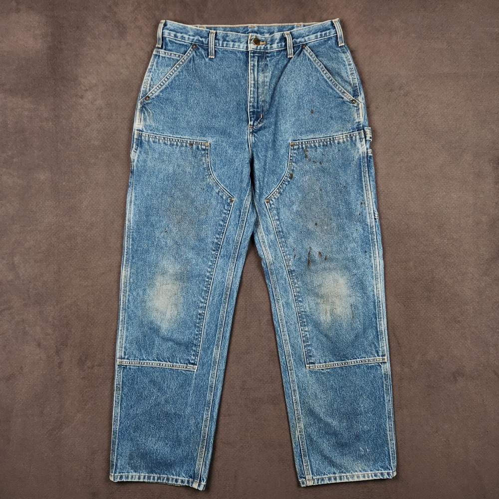 Carhartt Double Knee Logger Jeans Mens 34x32 Blue Distressed Workwear B73 DST